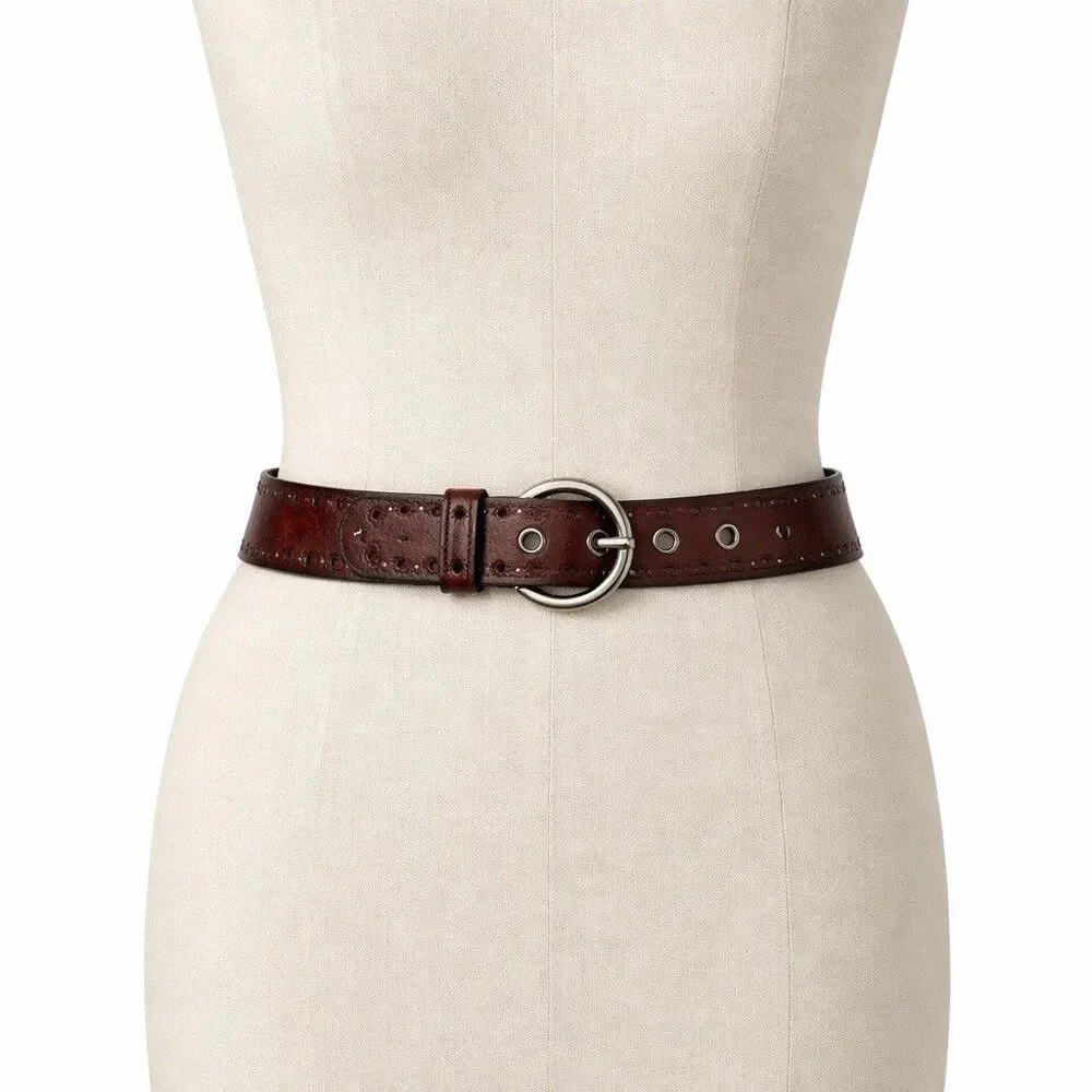 Fossil Brown Leather Belt Floral Embossed Size Medium Boho Classic Y2k